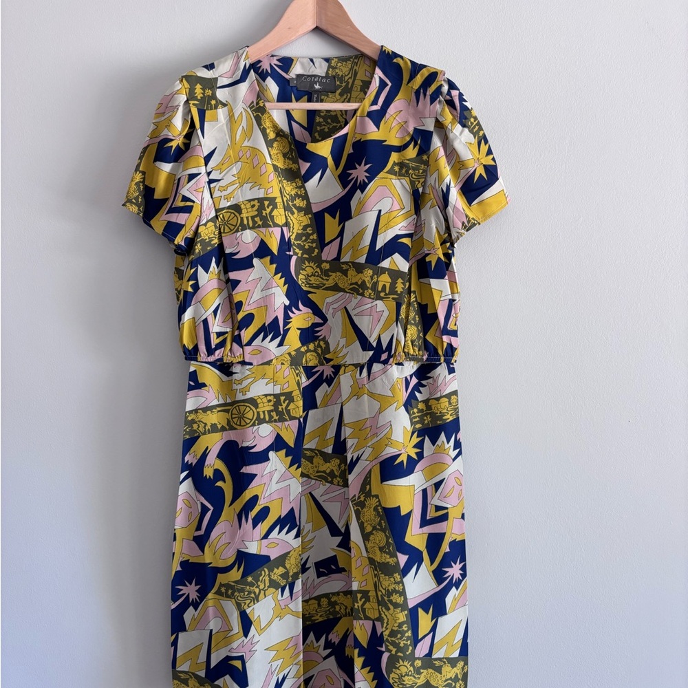 COTELAC Multicolored Midi Dress with Puff Sleeves. Great used condition.